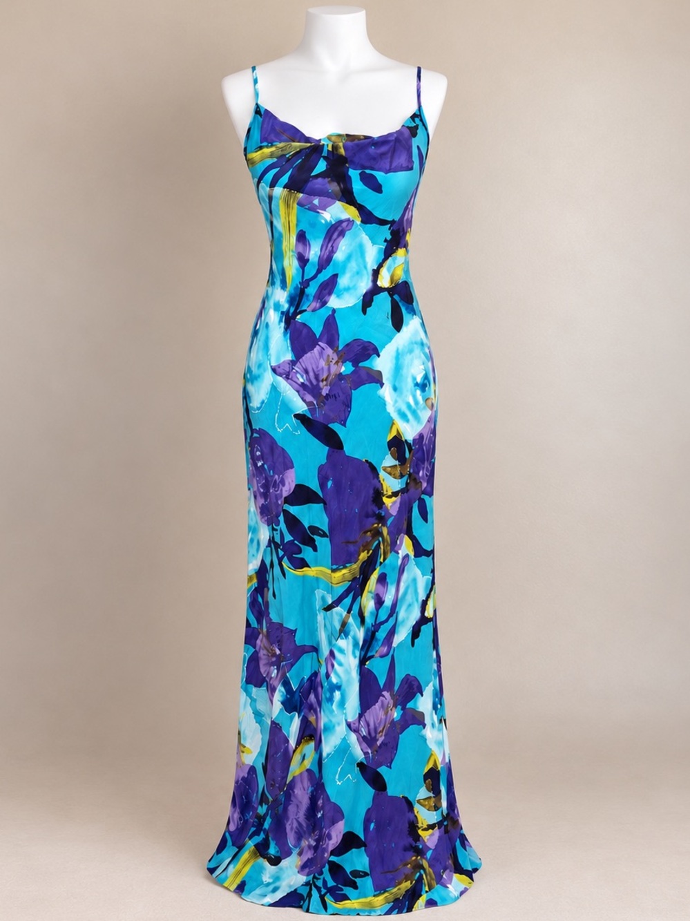 Trina Turk 100% Silk Floral Maxi Dress Party Cocktail Blue Purple Strappy Y2K S